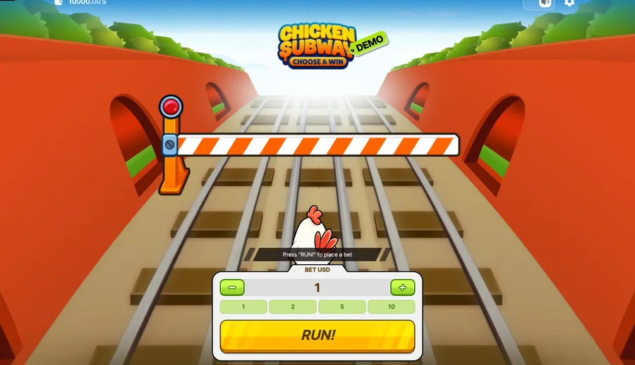 Chicken Subway loader screen with converging subway tracks, a level-crossing barrier, the chicken on the tracks and the bet panel with a RUN button