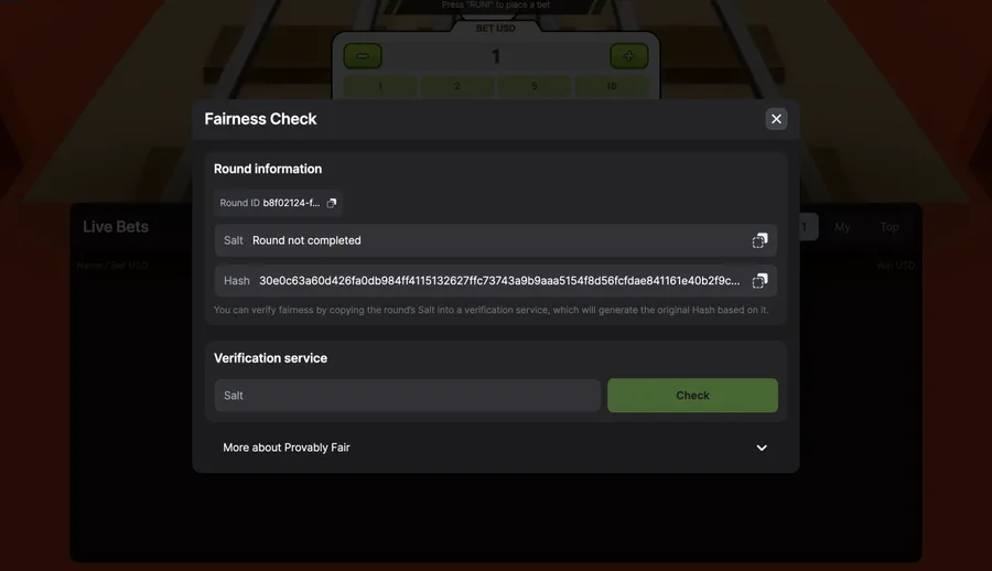 Chicken Subway in-game Fairness Check panel showing a Round ID, a Salt field reading Round not completed, a long Hash string and a Verification service with a Check button