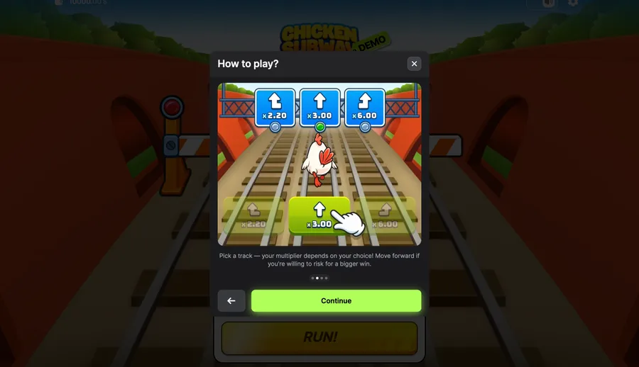 Chicken Subway how-to slide with a hand tapping the x3.00 lane button among three tracks marked x2.20, x3.00 and x6.00