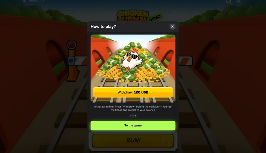 Chicken Subway cash-out slide with the chicken on a pile of cash and a Withdraw 120 USD button