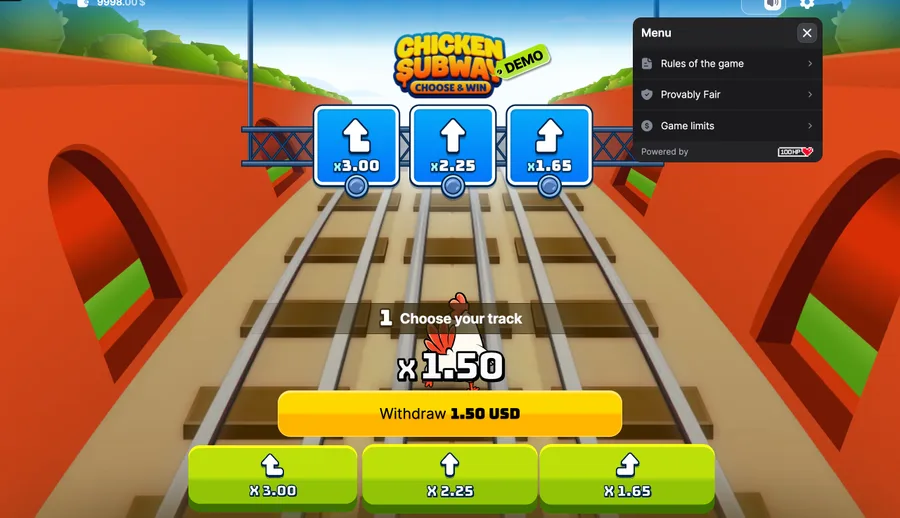 Chicken Subway in-game settings and menu panel shown in a browser